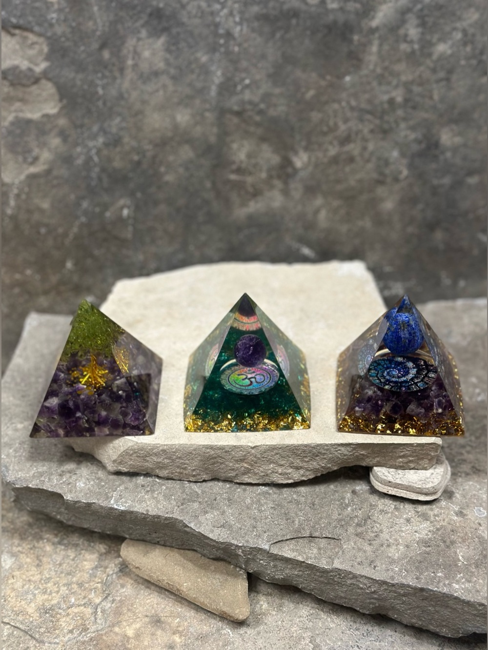 Handcrafted Crystal Energy Focal Pyramid Trio
